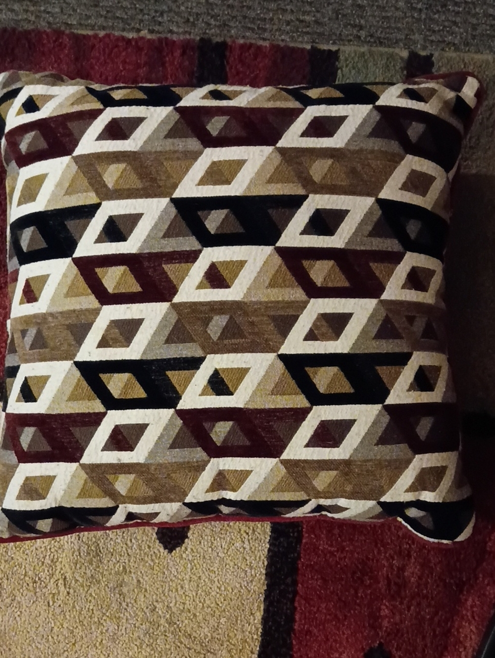 Large Geometric Pattern Throw Pillow in Maroon, Brown, Tan & Black - Brand